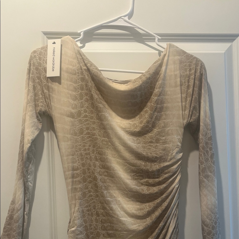 Naked Wardrobe Chic Long Sleeve Beige Ruched Dress